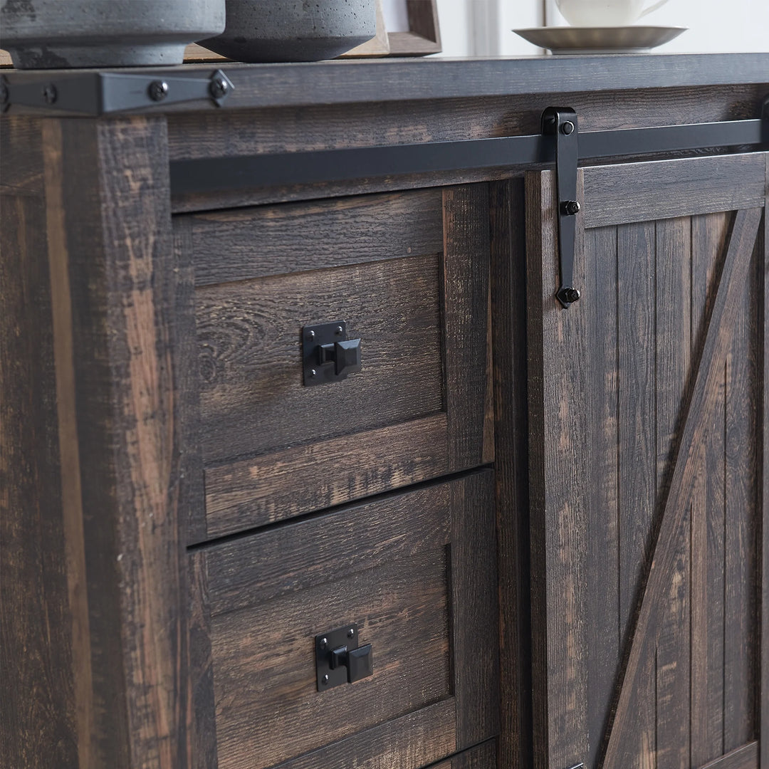 5 Drawers Dresser for Bedroom W/Sliding Barn Door, Storage Organizer Dresser for Bedroom, Hallway, Living Room, Kids Room, Dark Rustic Oak