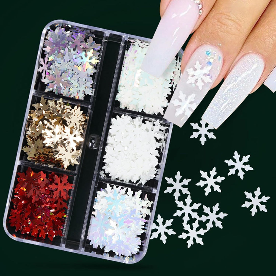Christmas Nail Art Glitters Snowflake Nail Sequins Flakes Set of 6 Grids, 3D Holographic Snowflake Nail Art Decor Accessories Glitter Snowflake Nail Decals Winter Snowflake Glitters for Women Manicure