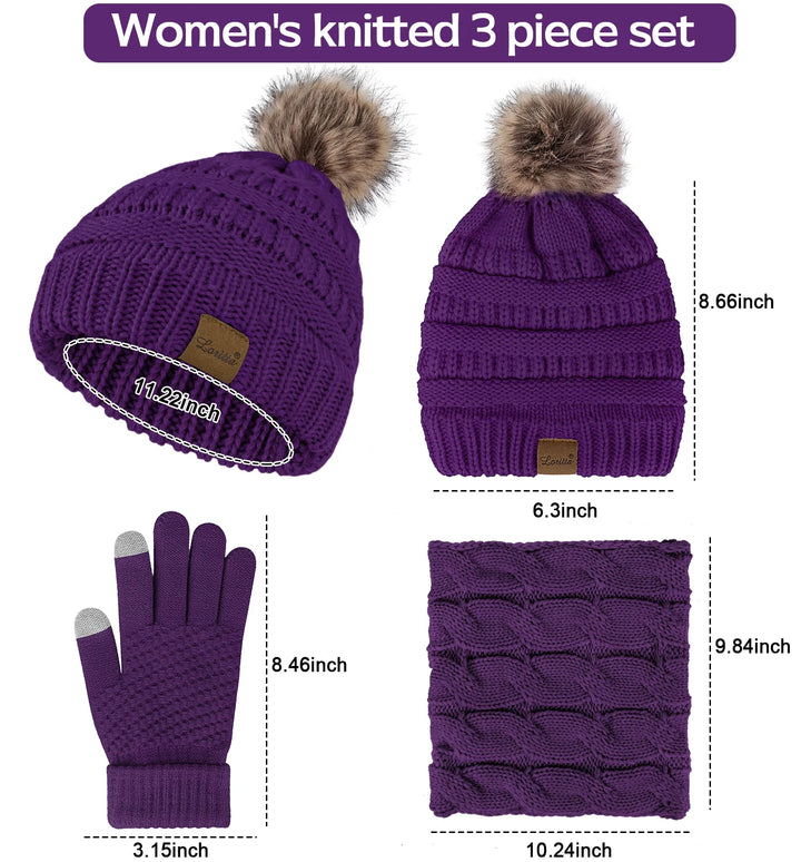 Loritta 3 Pcs Women Winter Hat and Gloves Sets, Beanies Knit Classic Neck Warmer and Touchscreen Gloves Purple