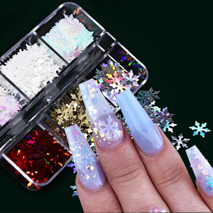 Christmas Nail Art Glitters Snowflake Nail Sequins Flakes Set of 6 Grids, 3D Holographic Snowflake Nail Art Decor Accessories Glitter Snowflake Nail Decals Winter Snowflake Glitters for Women Manicure