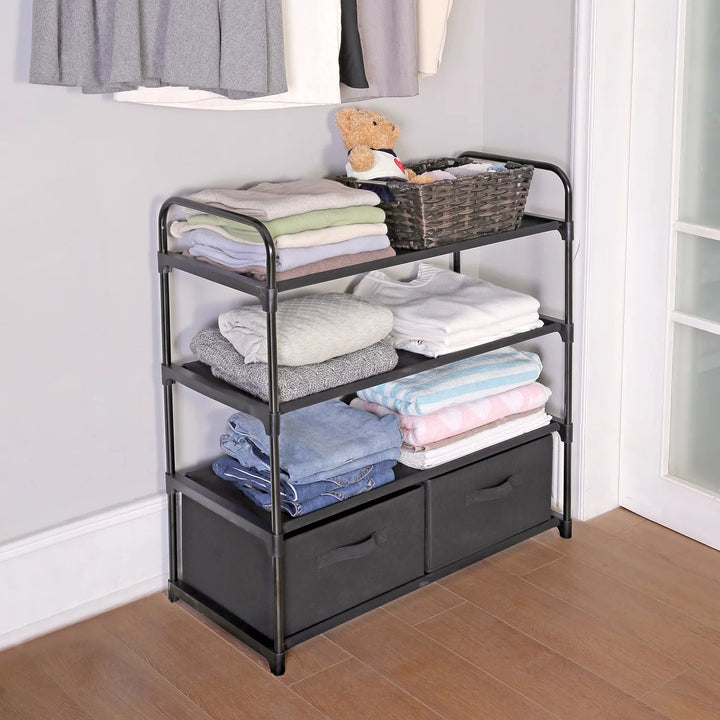Mainstays 4 Shelf Closet Organizer with 2 Bins, Black, Metal Frame, Adult and Child