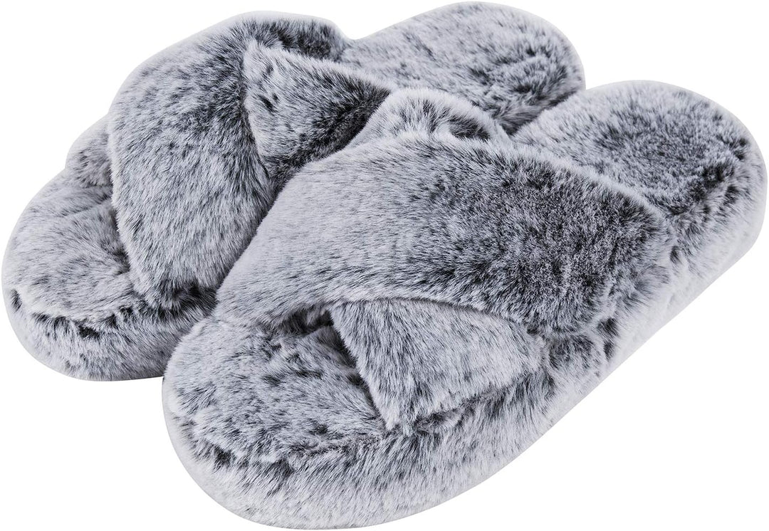 Fluffy Womens House Slippers Cross Band Open Toe, Soft Plush Fleece Bedroom Slippers Women Memory Foam, Comfy Fuzzy Slip on Non-Slip Womens Slippers Indoor Pink Gray Black White