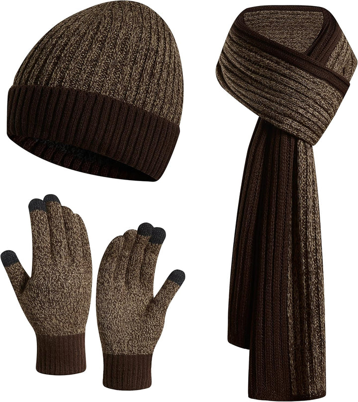 3PCS in 1 Winter Warm Knit Beanie Hat+Long Scarf+Touchscreen Gloves Set with Knit Fleece Lined for Men
