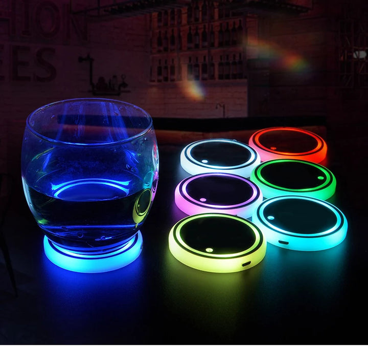 LED Coaster for Car: Colorful Solar & USB Charging, Non-slip, Ambient Light, 7 Colors