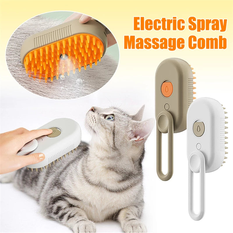 3-in-1 Cat Steam Brush for Pet Grooming - Electric Spray, Massage Comb, Hair Removal - USB Rechargeable