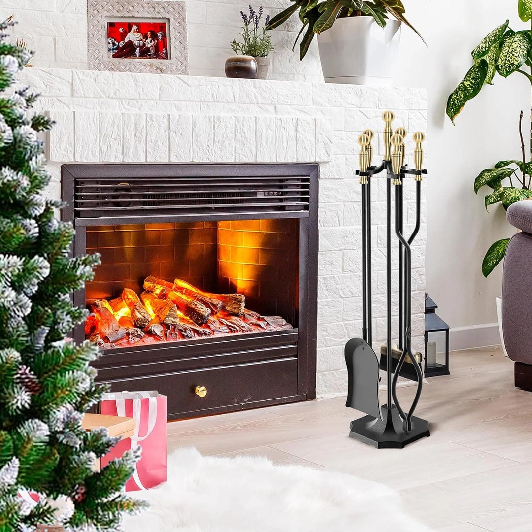 5 Pieces 31In Fireplace Tools Set, Wrought Iron Fireplace Tools with Ergonomic Handle, Fireplace Accessories Set Included Tong, Shovel, Base, Poker and Brush for Indoor & Outdoo(Antique Bronze)