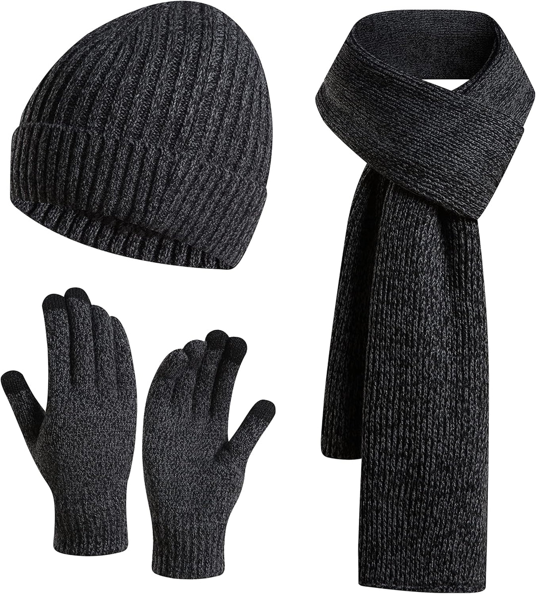 3PCS in 1 Winter Warm Knit Beanie Hat+Long Scarf+Touchscreen Gloves Set with Knit Fleece Lined for Men