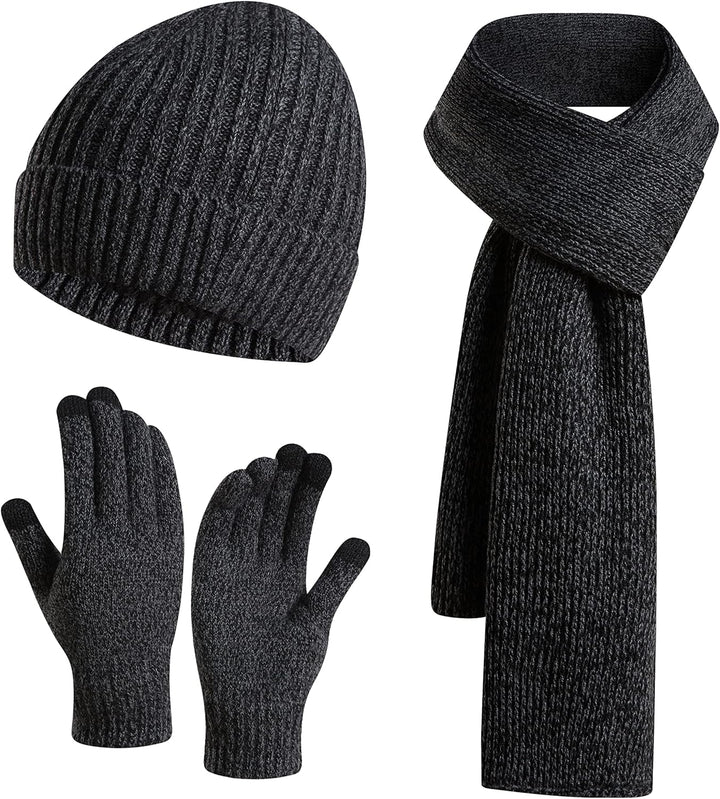 3PCS in 1 Winter Warm Knit Beanie Hat+Long Scarf+Touchscreen Gloves Set with Knit Fleece Lined for Men