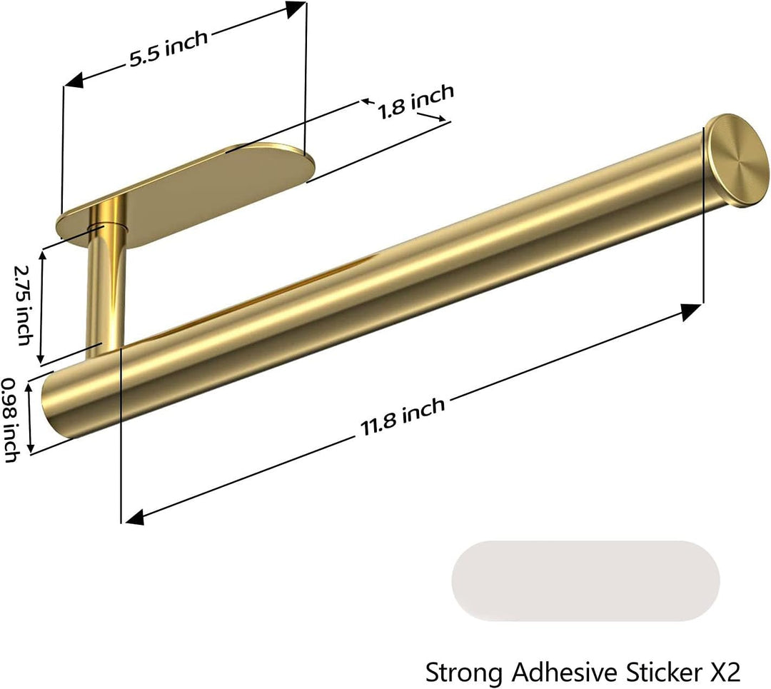 Self Adhesive Paper Towel Holder Gold under Cabinet Mount, No Drilling Paper Tower Rack, Stainless Steel Rust-Proof and Durable, Suitable for Kitchen, Bathroom, 11.8 Inch