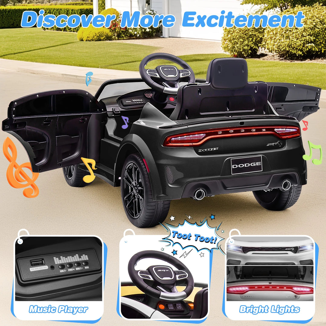 Dodge Electric Ride on Cars for Kids, 12V Licensed Dodge Charger Srt Hellcat Powered Ride on Toys with Parent Remote Control, Electric Car for Boys 3-5 W/Music Player/Led Lights/Safety Belt, Black