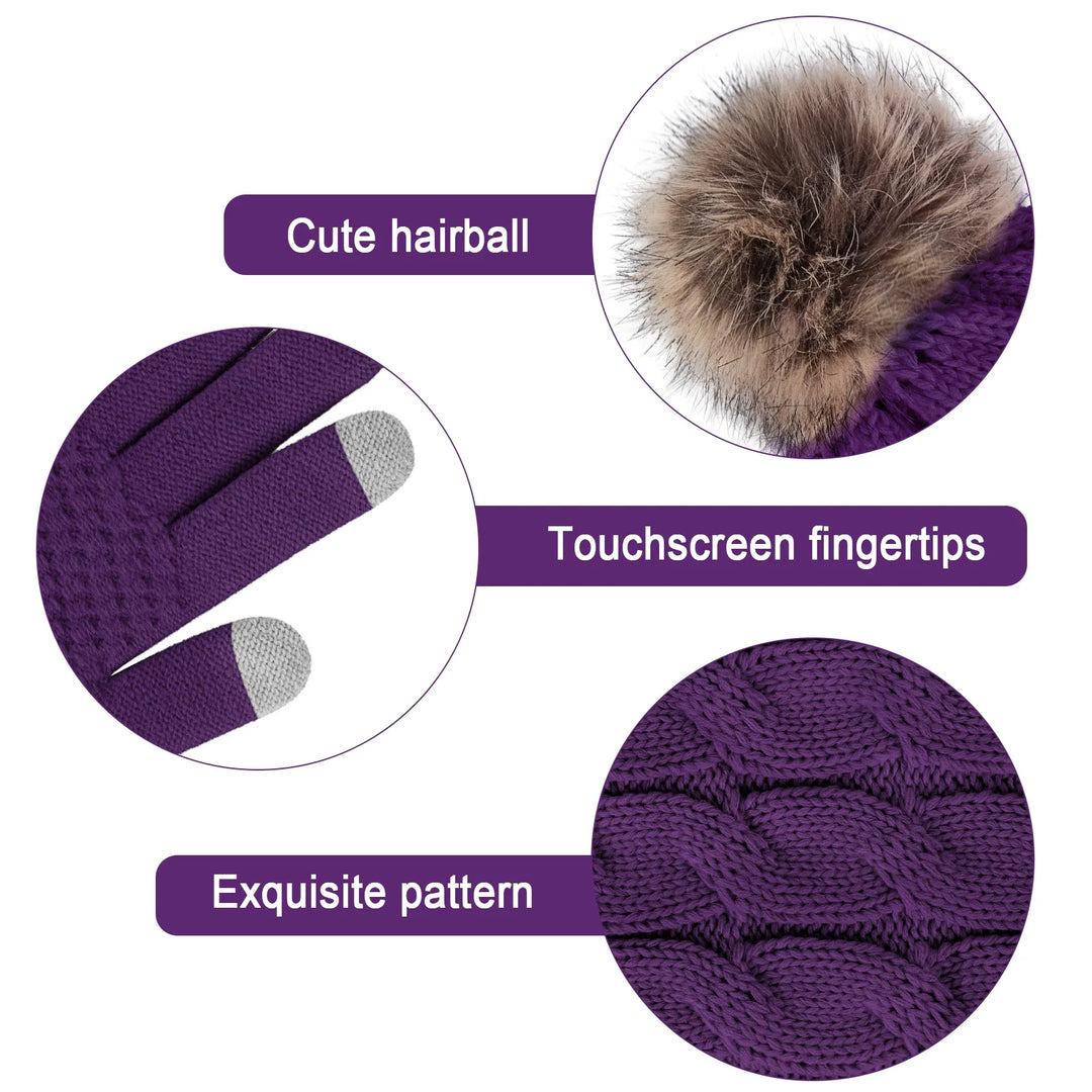 Loritta 3 Pcs Women Winter Hat and Gloves Sets, Beanies Knit Classic Neck Warmer and Touchscreen Gloves Purple