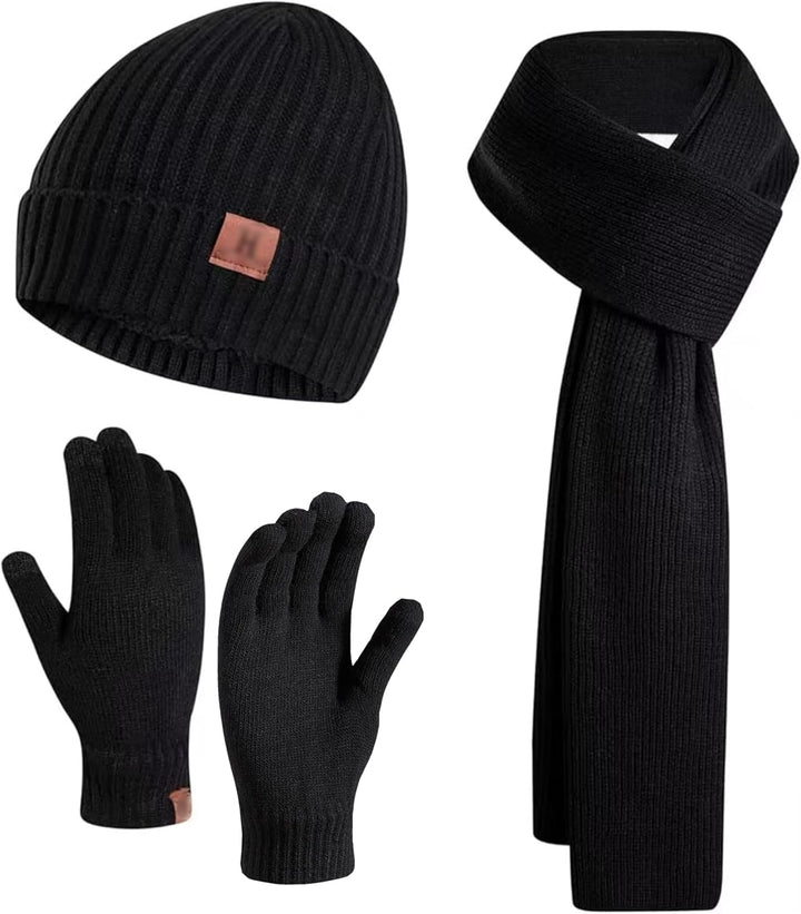 3PCS in 1 Winter Warm Knit Beanie Hat+Long Scarf+Touchscreen Gloves Set with Knit Fleece Lined for Men