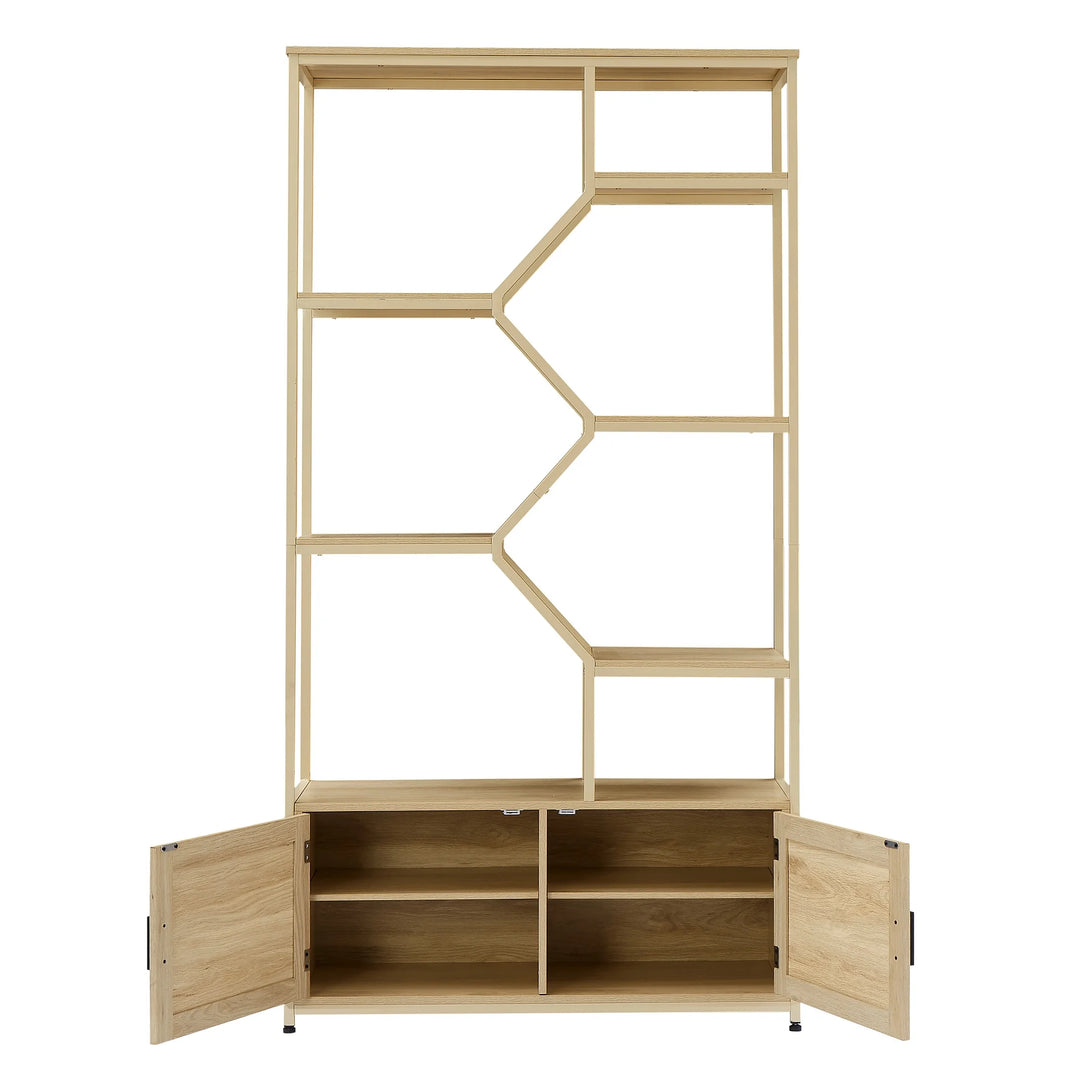 Hommoo 7 Tiers Rattan Bookshelf, Display Shelf Bookcases, Book Shelf Storage Rack with Cabinet for Living Room Home Office, Natural