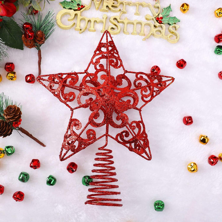 10 Inches Metal Glittered Christmas Tree Topper Star Treetop Decoration for Christmas Home Decor, Red
