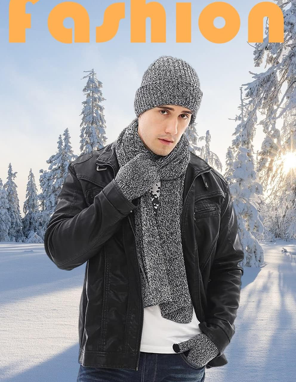 3PCS in 1 Winter Warm Knit Beanie Hat+Long Scarf+Touchscreen Gloves Set with Knit Fleece Lined for Men