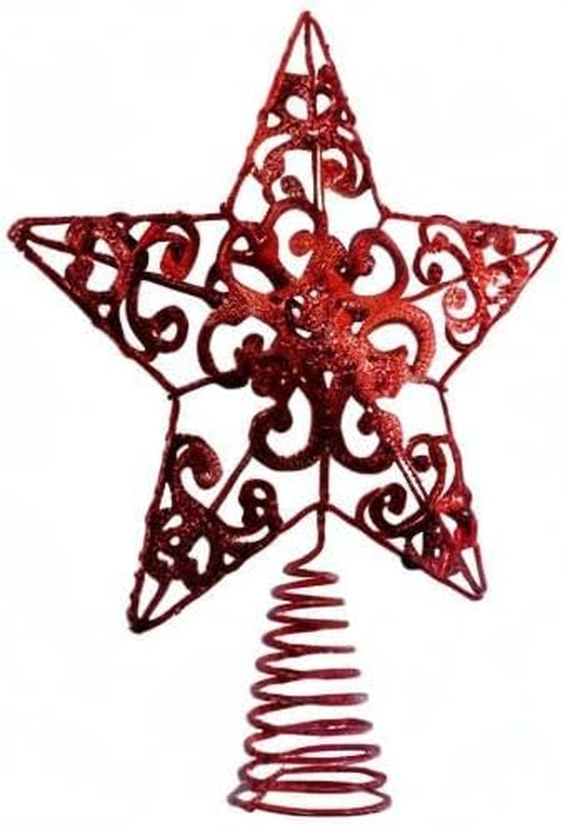 10 Inches Metal Glittered Christmas Tree Topper Star Treetop Decoration for Christmas Home Decor, Red