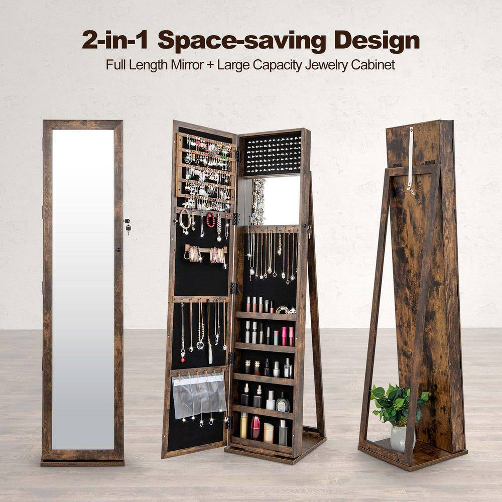 Brown Mirrored Jewelry Cabinet Armoire Lockable Standing Storage Organizer with Shelf