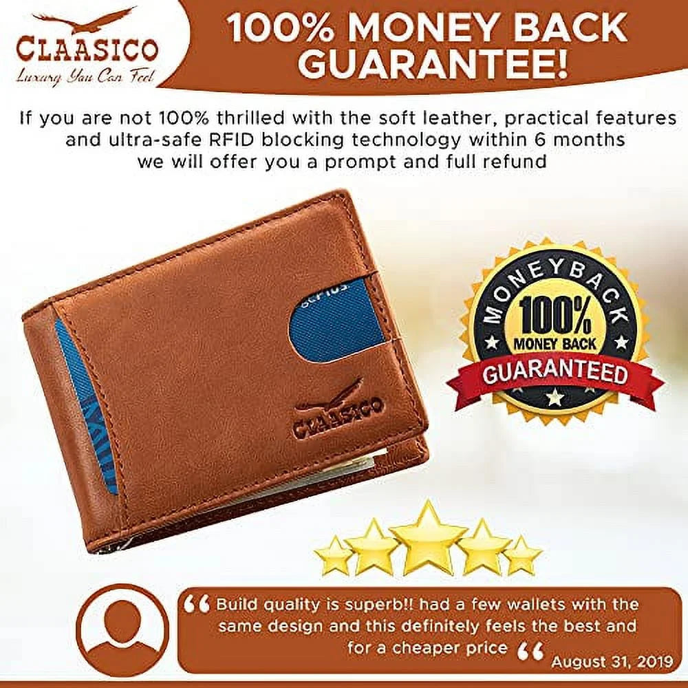 Super Slim RFID Leather Wallet for Men Card Holder with Money Clip Prefect for Travel & Front Pocket Use