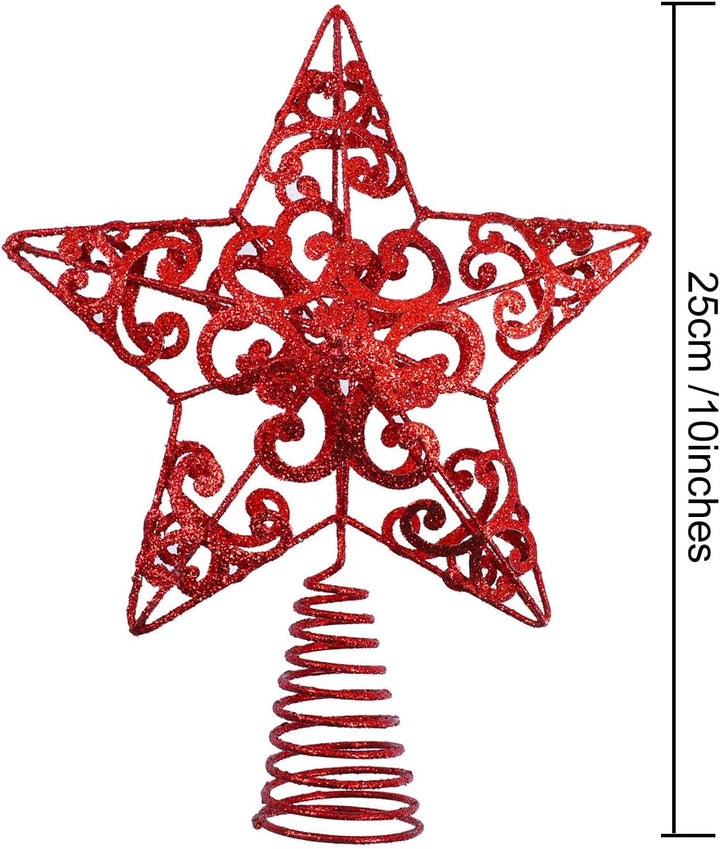 10 Inches Metal Glittered Christmas Tree Topper Star Treetop Decoration for Christmas Home Decor, Red