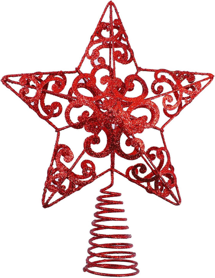 10 Inches Metal Glittered Christmas Tree Topper Star Treetop Decoration for Christmas Home Decor, Red