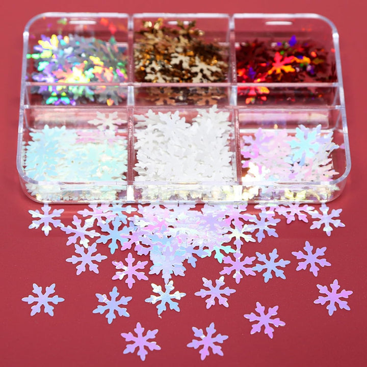 Christmas Nail Art Glitters Snowflake Nail Sequins Flakes Set of 6 Grids, 3D Holographic Snowflake Nail Art Decor Accessories Glitter Snowflake Nail Decals Winter Snowflake Glitters for Women Manicure