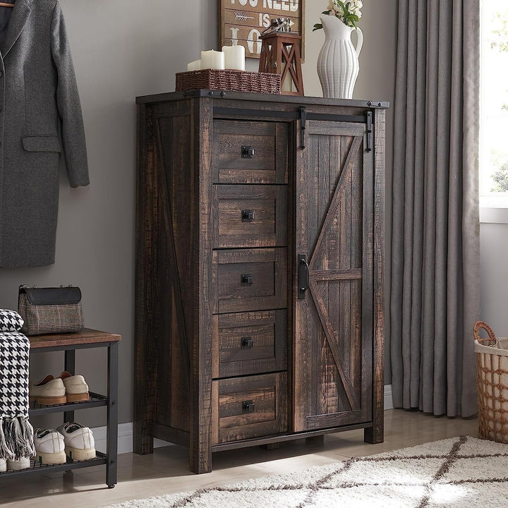 5 Drawers Dresser for Bedroom W/Sliding Barn Door, Storage Organizer Dresser for Bedroom, Hallway, Living Room, Kids Room, Dark Rustic Oak