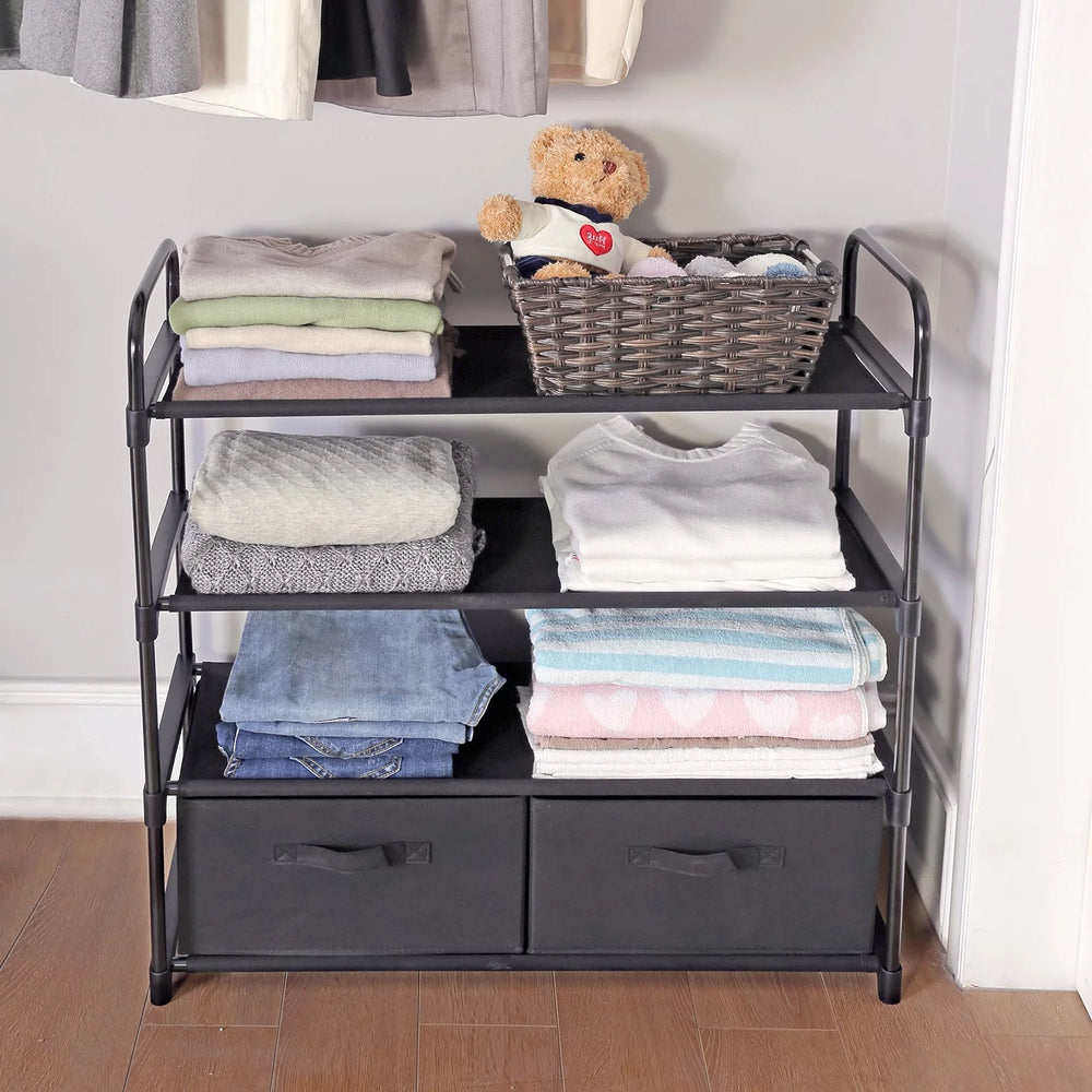 Mainstays 4 Shelf Closet Organizer with 2 Bins, Black, Metal Frame, Adult and Child