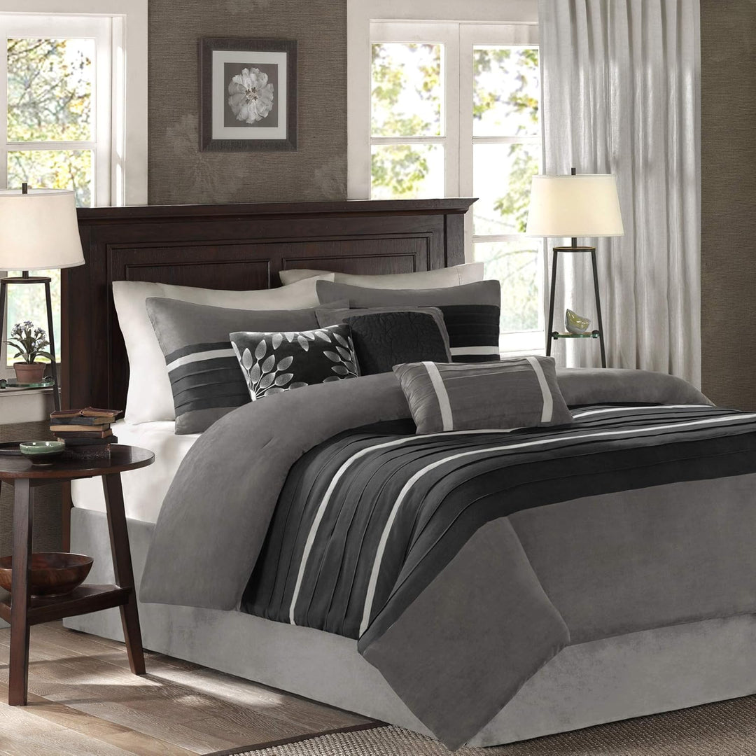 Palmer Comforter Set-Luxury Faux Suede Design, Striped Accent, All Season down Alternative Bedding, Matching Shams, Decorative Pillow, Bed Skirt, Queen (90 in X 90 In), Natural 7 Piece
