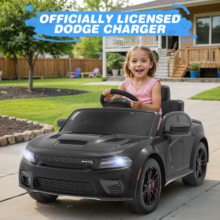 Dodge Electric Ride on Cars for Kids, 12V Licensed Dodge Charger Srt Hellcat Powered Ride on Toys with Parent Remote Control, Electric Car for Boys 3-5 W/Music Player/Led Lights/Safety Belt, Black