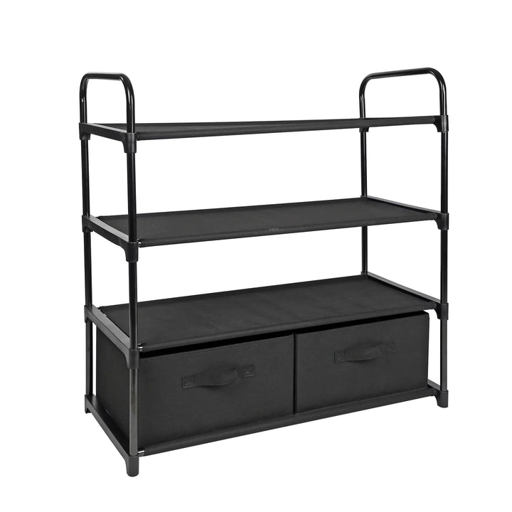 Mainstays 4 Shelf Closet Organizer with 2 Bins, Black, Metal Frame, Adult and Child