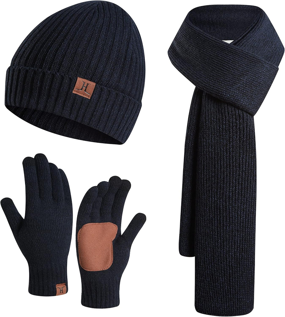 3PCS in 1 Winter Warm Knit Beanie Hat+Long Scarf+Touchscreen Gloves Set with Knit Fleece Lined for Men