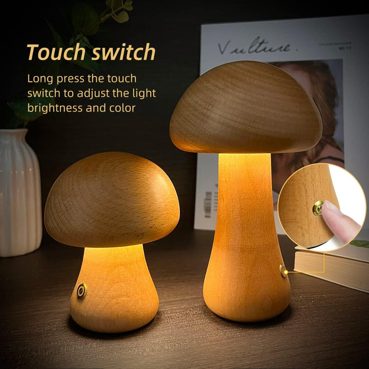 Wooden Mushroom LED Night Light - Touch Switch, Bedroom Decor, Kids Room, Home