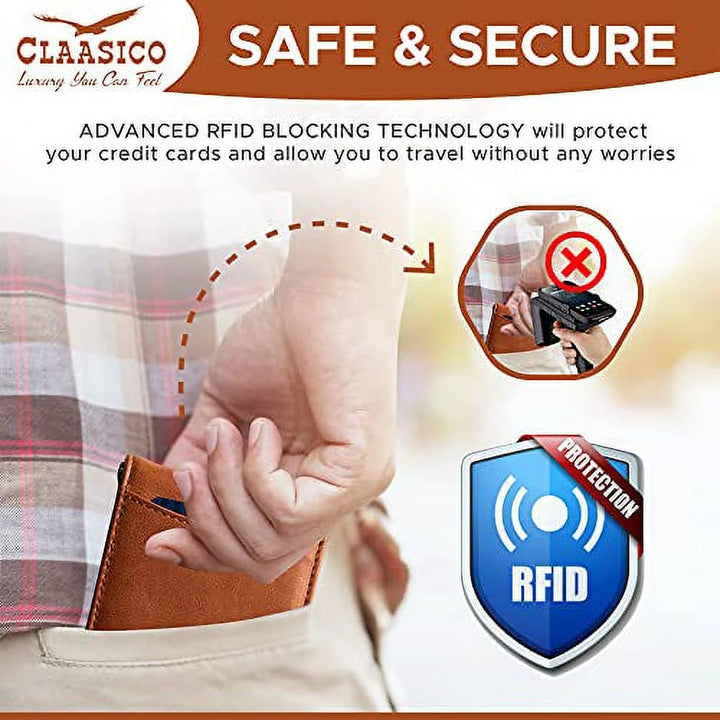 Super Slim RFID Leather Wallet for Men Card Holder with Money Clip Prefect for Travel & Front Pocket Use