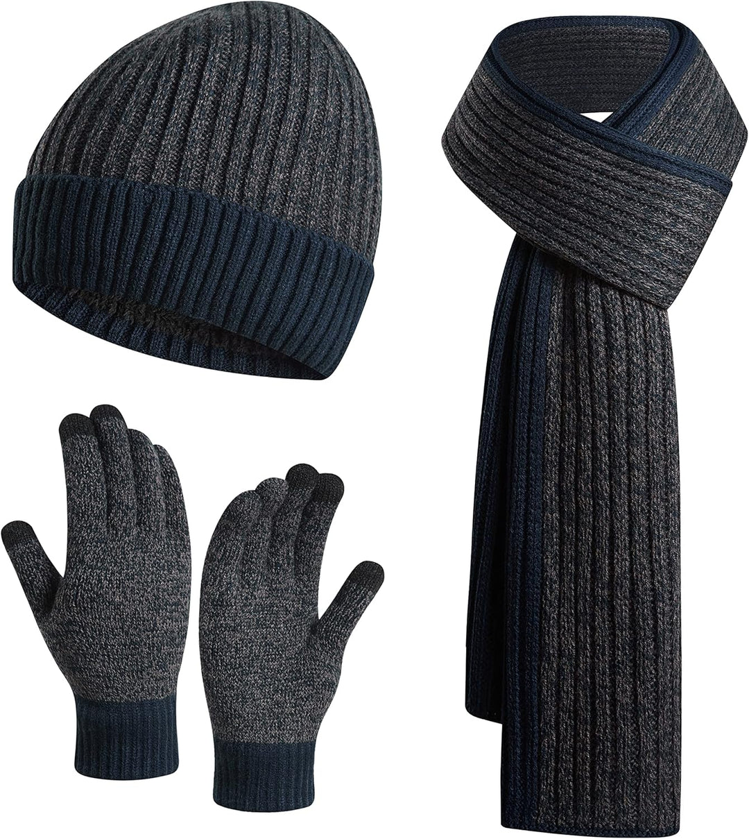 3PCS in 1 Winter Warm Knit Beanie Hat+Long Scarf+Touchscreen Gloves Set with Knit Fleece Lined for Men