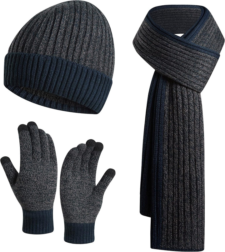 3PCS in 1 Winter Warm Knit Beanie Hat+Long Scarf+Touchscreen Gloves Set with Knit Fleece Lined for Men