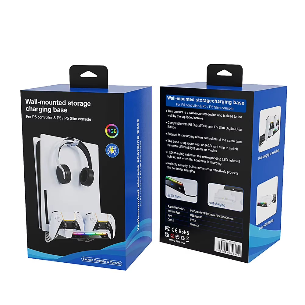 Shelf Floating Mount with Charging Station RGB Light Wall Bracket W/ Headset Holder for PS5 and PS5 Slim Consoles Disc & Digital