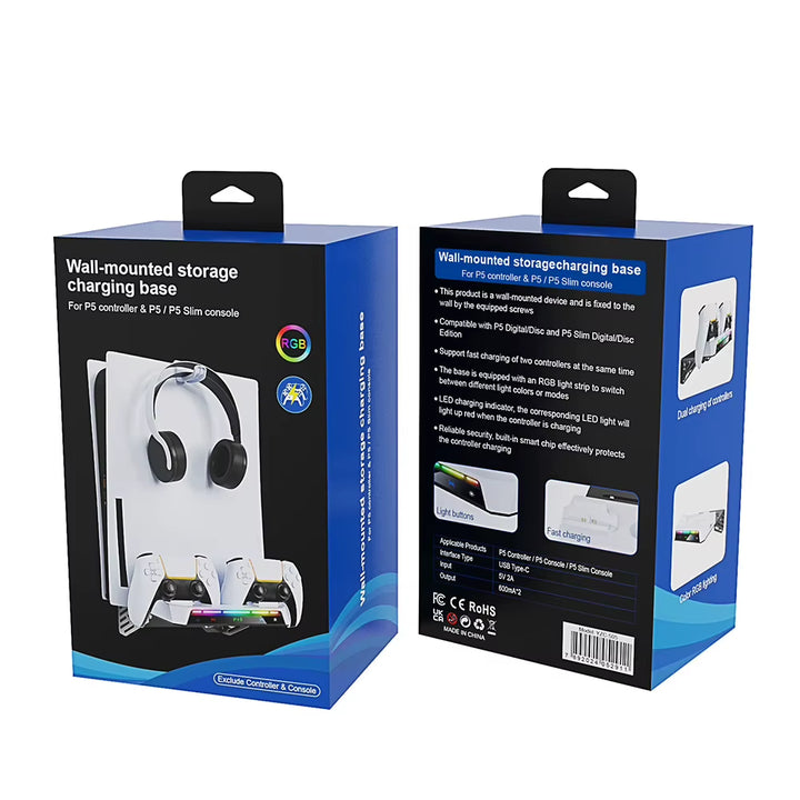 Shelf Floating Mount with Charging Station RGB Light Wall Bracket W/ Headset Holder for PS5 and PS5 Slim Consoles Disc & Digital