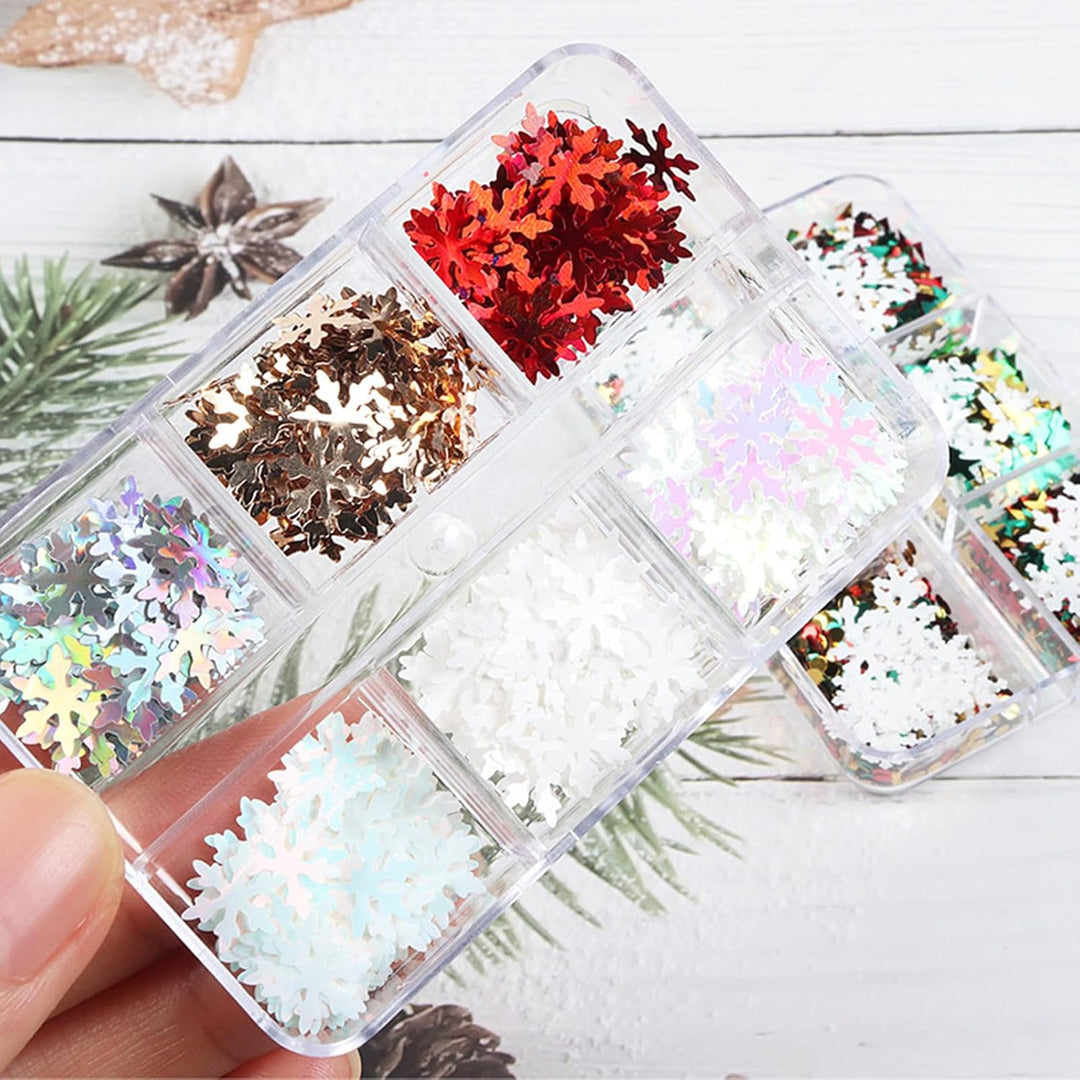 Christmas Nail Art Glitters Snowflake Nail Sequins Flakes Set of 6 Grids, 3D Holographic Snowflake Nail Art Decor Accessories Glitter Snowflake Nail Decals Winter Snowflake Glitters for Women Manicure