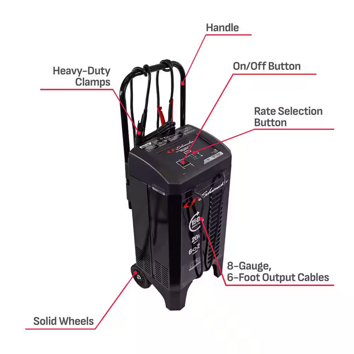 Automotive 12 Volt 150 Amp Fully Automatic Wheeled Battery Charger and Engine Starter with 20 Amp Boost
