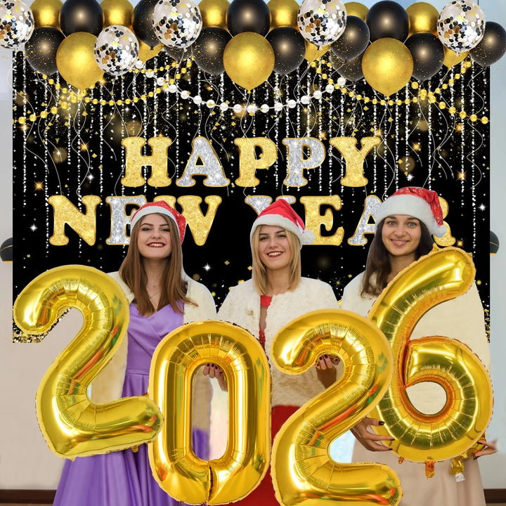 New Years Eve Party Supplies Decorations 2026 Set Large Happy New Year Banner Backdrop Gold Balloons 2026 41Pcs