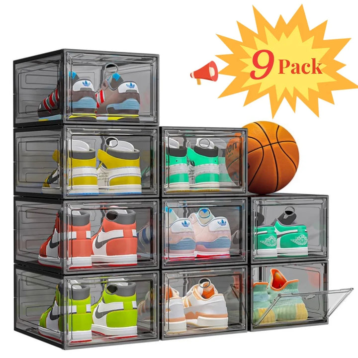 9-Pack Transparent Shoe Storage Boxes with Magnetic Doors, Sturdy & Stackable, Black