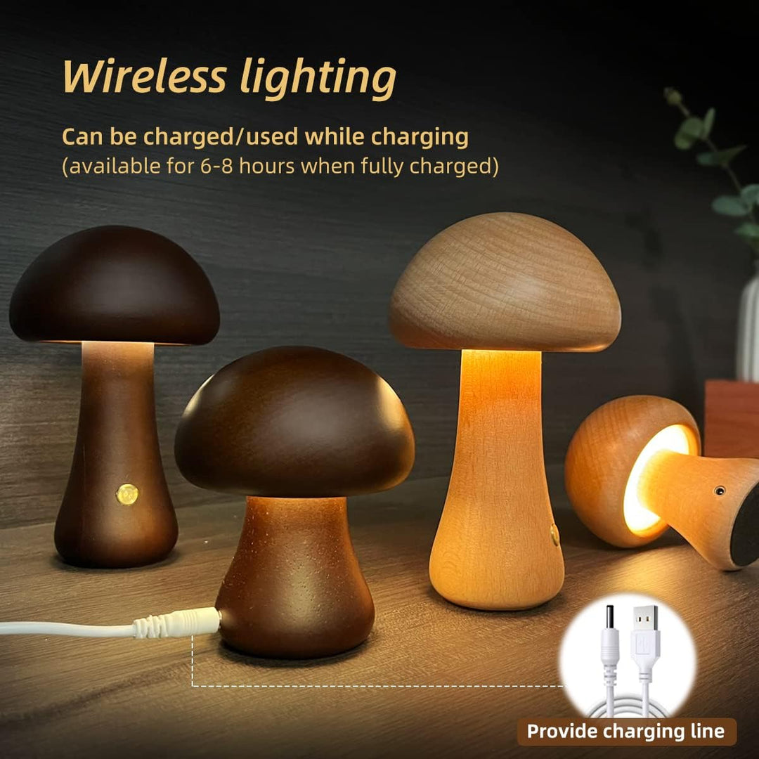 Wooden Mushroom LED Night Light - Touch Switch, Bedroom Decor, Kids Room, Home