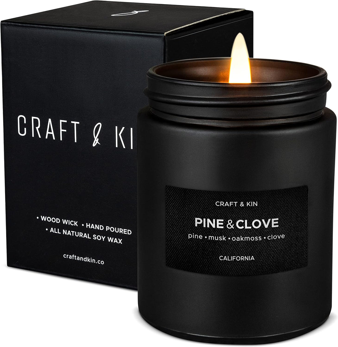 Pine and Clove Candle | Scented Candle for Home | Soy Candles | Masculine Candle | Black Candles | Aromatherapy Candle | Long Lasting Fragrance with 45 Hour Burn Time - 7.6Oz