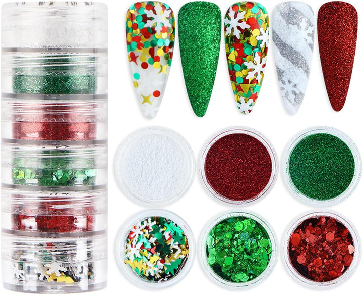Christmas Nail Art Glitters Snowflake Nail Sequins Flakes Set of 6 Grids, 3D Holographic Snowflake Nail Art Decor Accessories Glitter Snowflake Nail Decals Winter Snowflake Glitters for Women Manicure