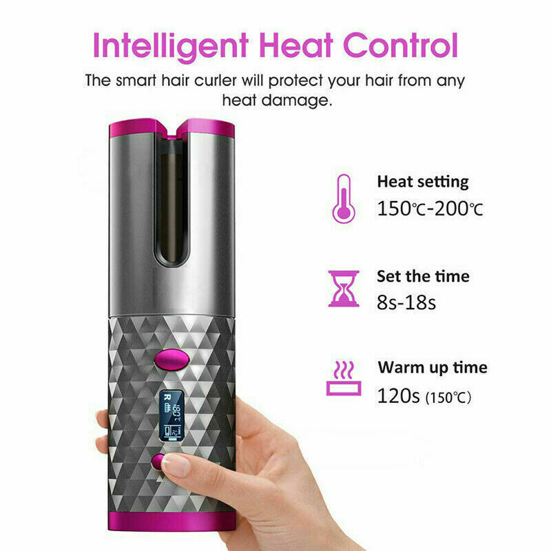 Electric LCD Display Automatic Rotating Cordless Hair Curler Fast Curling Iron Tongs Portable USB Rechargeable With Comb Safe USB Cordless Automatic Rotating Hair Curler Hair Waver Curling Iron