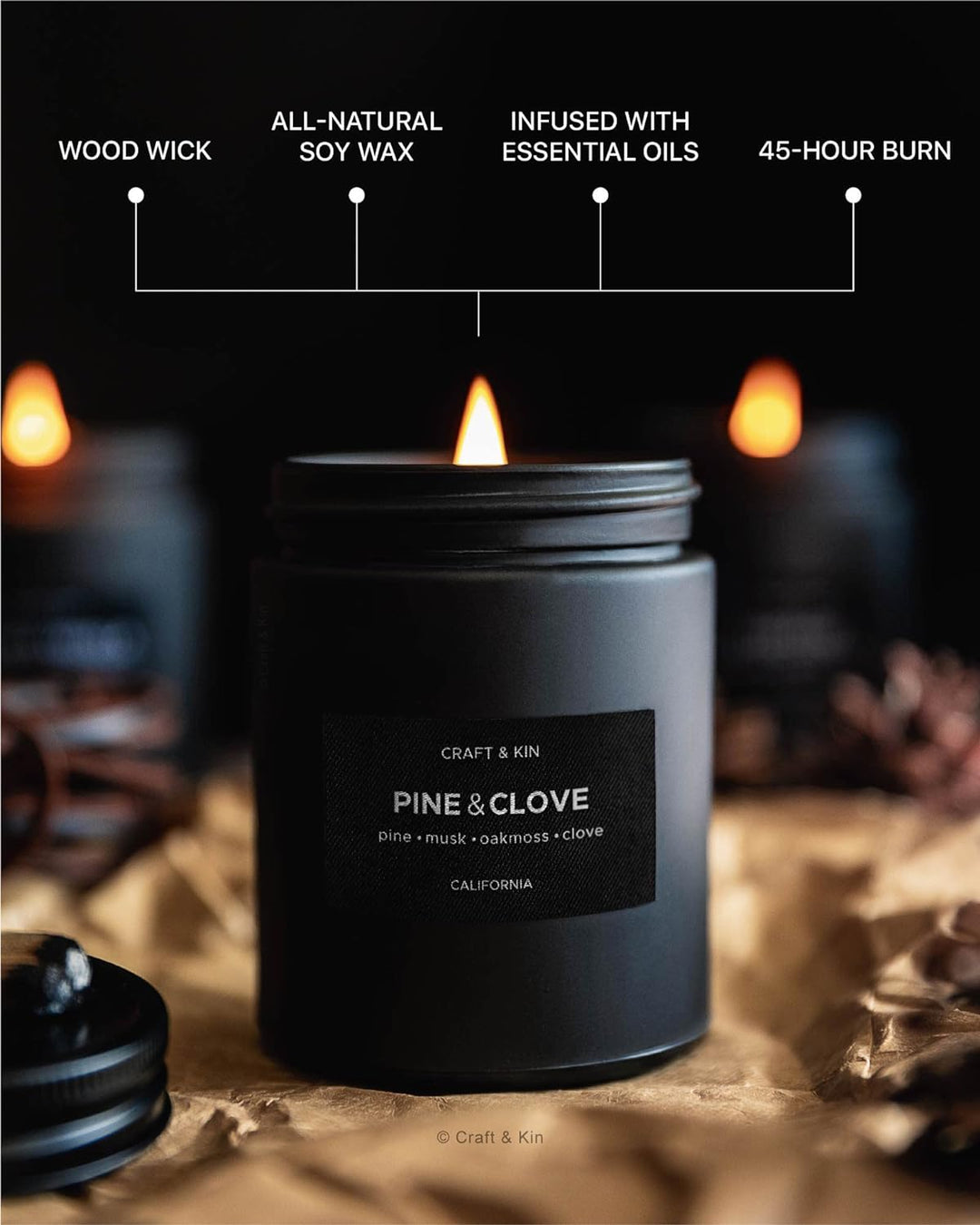 Pine and Clove Candle | Scented Candle for Home | Soy Candles | Masculine Candle | Black Candles | Aromatherapy Candle | Long Lasting Fragrance with 45 Hour Burn Time - 7.6Oz