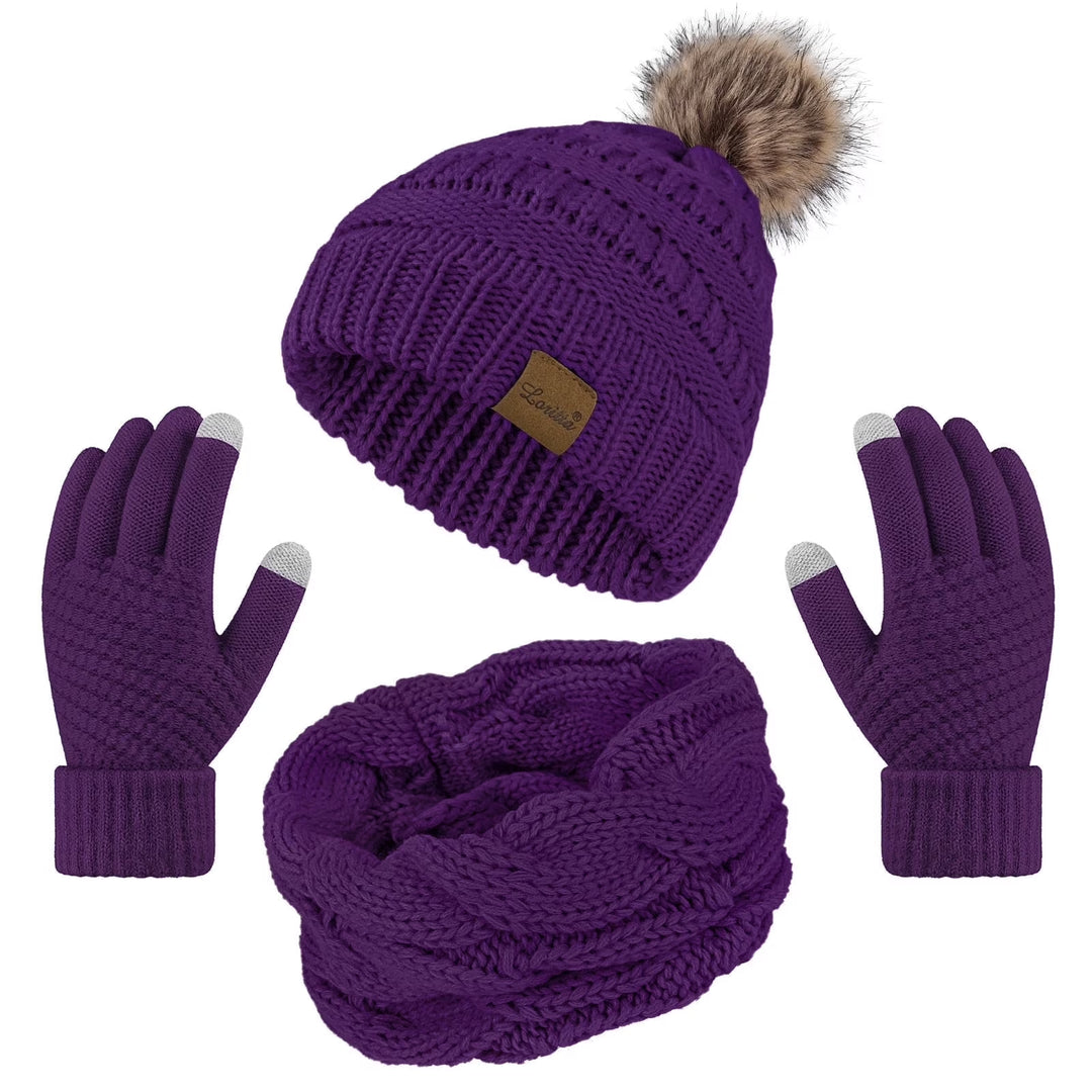 Loritta 3 Pcs Women Winter Hat and Gloves Sets, Beanies Knit Classic Neck Warmer and Touchscreen Gloves Purple
