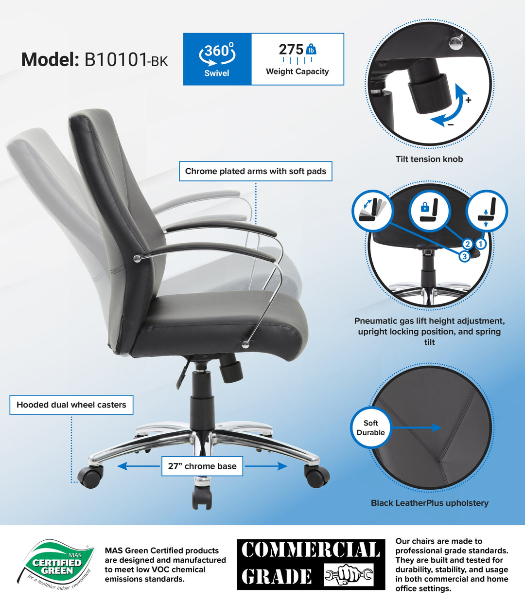 Leatherplus Home Office Adjustable Executive Chair with Casters, Black