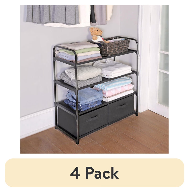 Mainstays 4 Shelf Closet Organizer with 2 Bins, Black, Metal Frame, Adult and Child