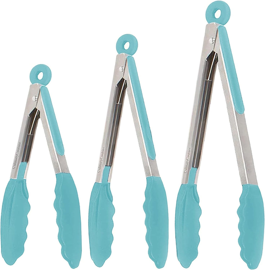 Silicone Kitchen Tongs for Cooking with Silicone Tips, Heat Resistant Tongs for Serving Food, 7-Inch, 9-Inch, 12-Inch Locking Tongs, Set of 3 Salad Tongs, Aqua Sky Kitchen Utensils